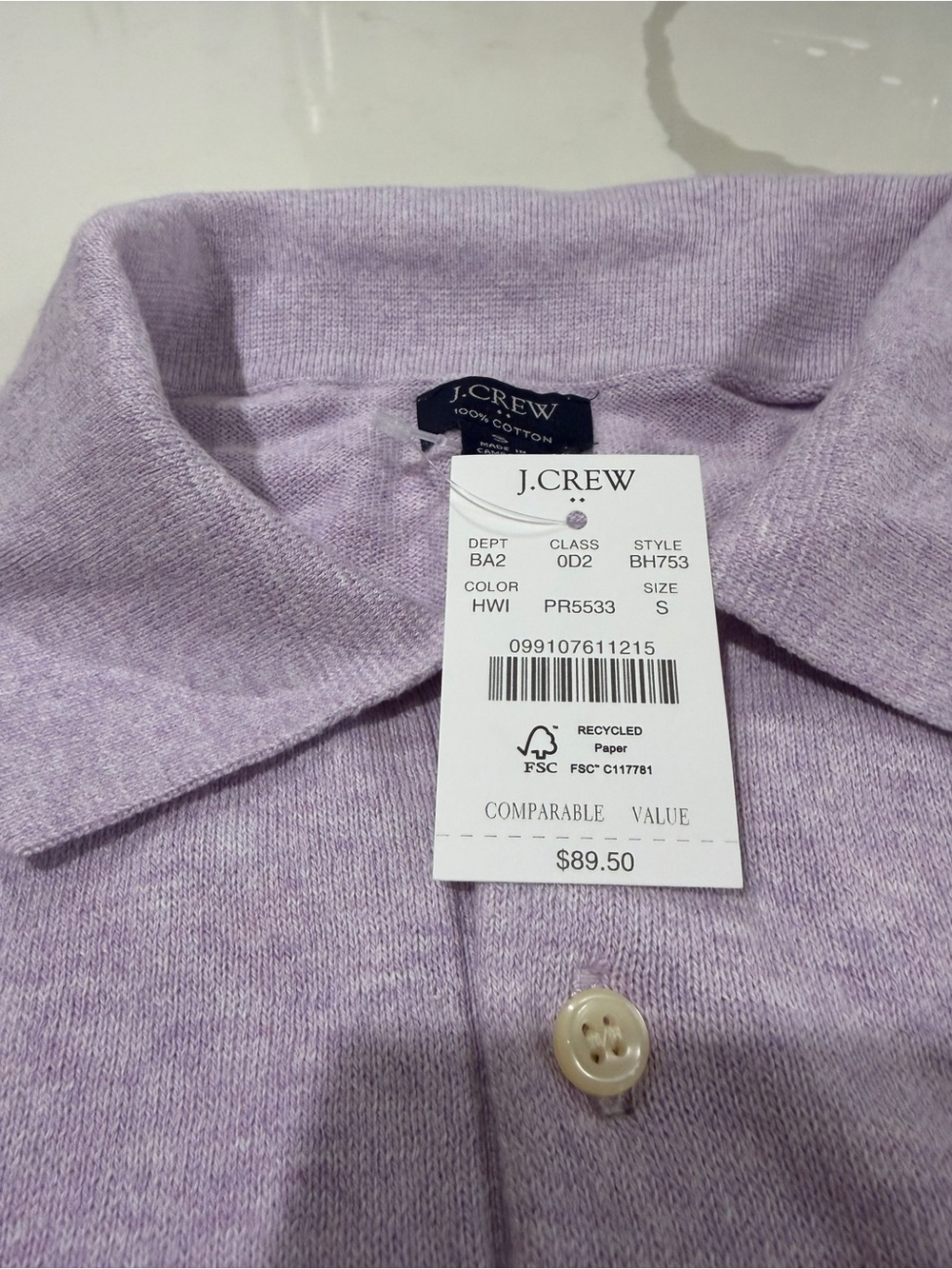 J. Crew Light Lavender Cotton Polo